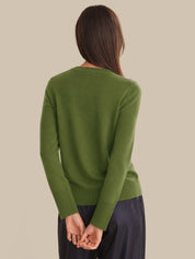 Person wearing a green sweater against a beige background
