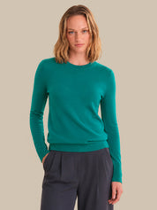 Woman wearing a teal sweater and dark pants against a beige background