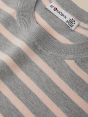 Close-up of a gray and pink striped sweater with a label on a white background