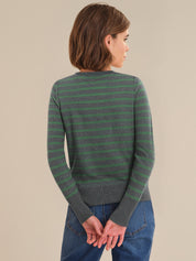 Person wearing a green and gray striped sweater and blue jeans on a beige background