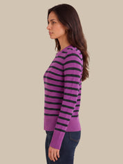 A woman shown in side profile wearing a purple and black horizontally striped long-sleeve knit sweater, paired with dark blue jeans, against a solid beige background.