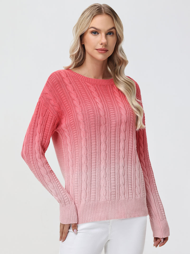 Ombre Crewneck Cable Knit Sweater