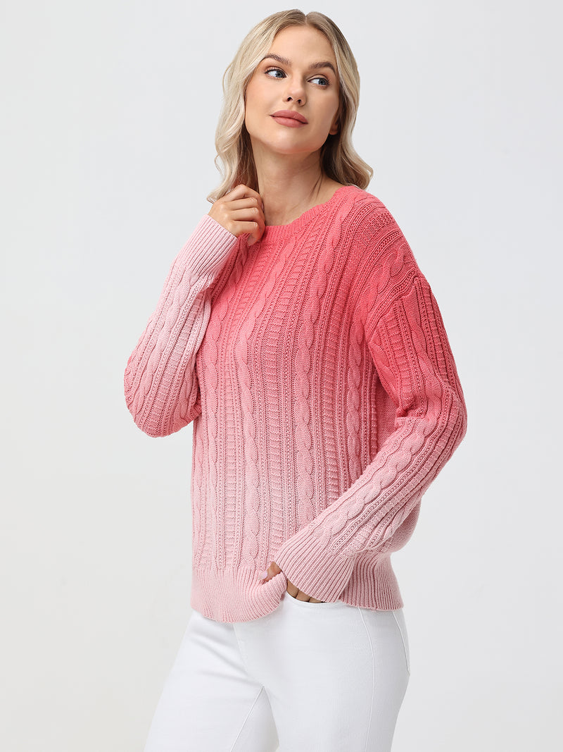 Ombre Crewneck Cable Knit Sweater