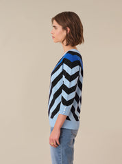 Person wearing a blue and black chevron pattern sweater on a beige background
