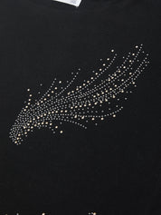 Black t-shirt with a decorative feather design made of small stones on a plain background