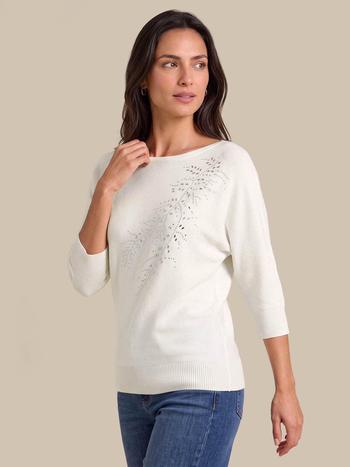3/4 Sleeve Embellished Dolman Pullover