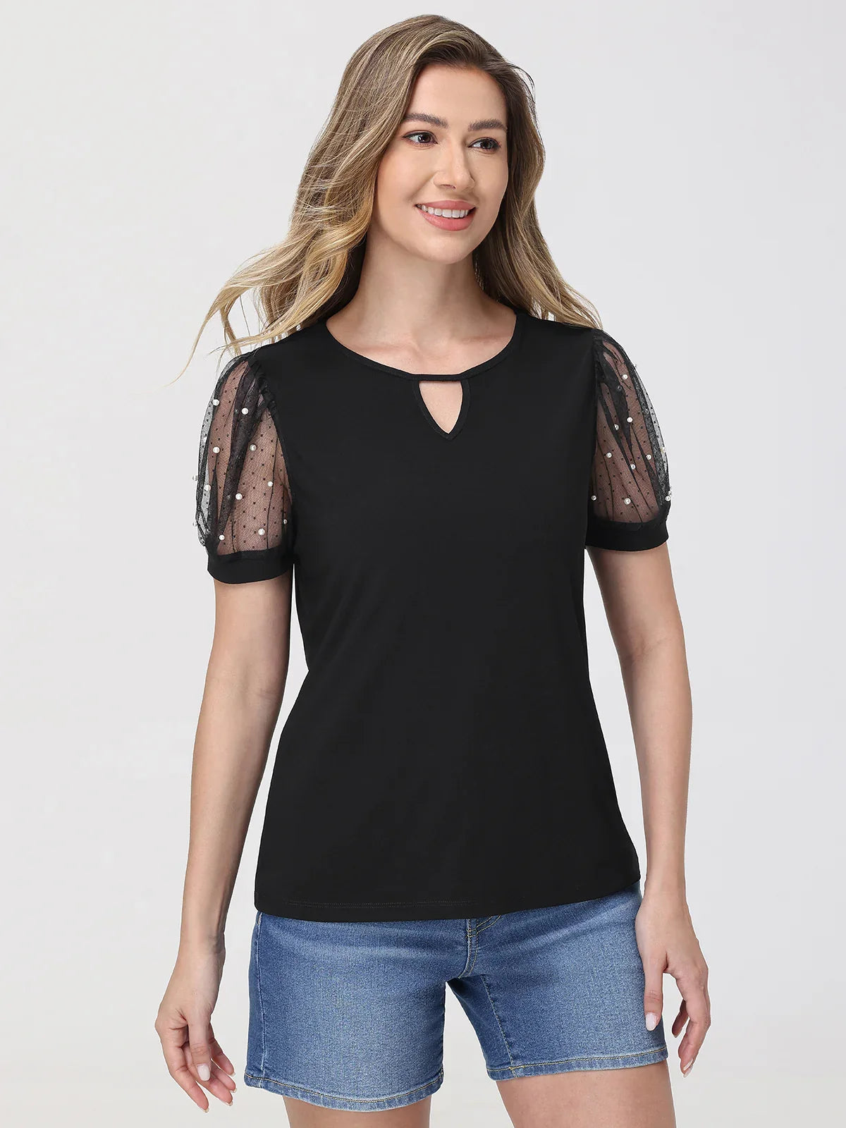 Pearl Mesh Puff Sleeve Cool Feel Top