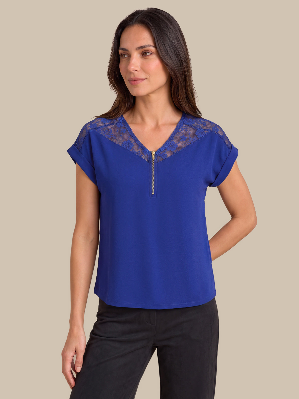 Quarter Zip Lace Trim Dolman Cool Feel Top