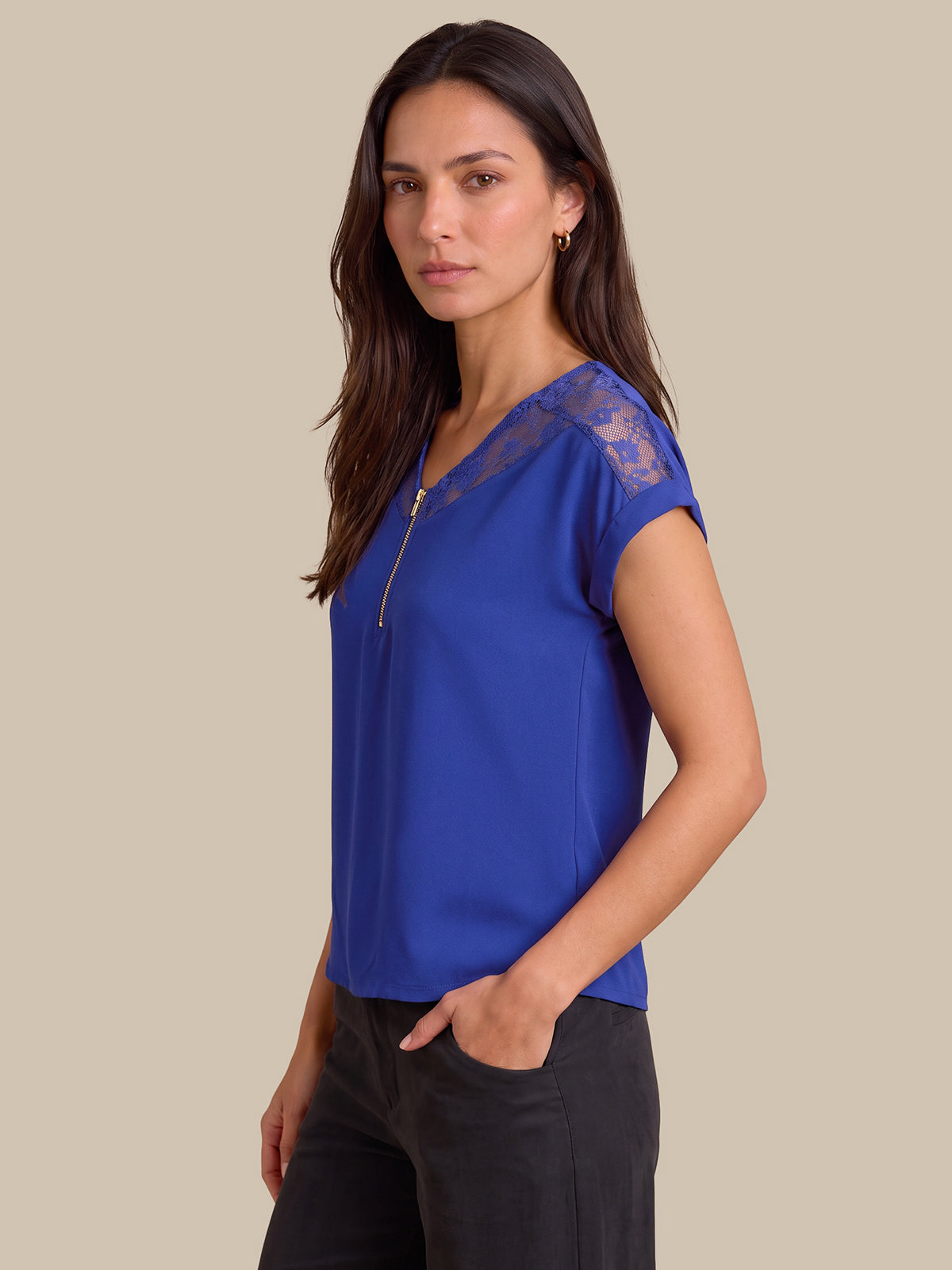 Quarter Zip Lace Trim Dolman Cool Feel Top
