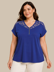 Plus Quarter Zip Lace Trim Dolman Cool Feel Top