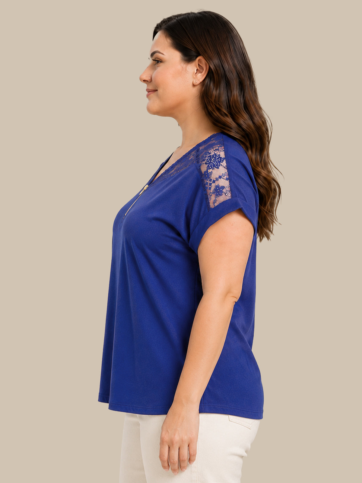 Plus Quarter Zip Lace Trim Dolman Cool Feel Top