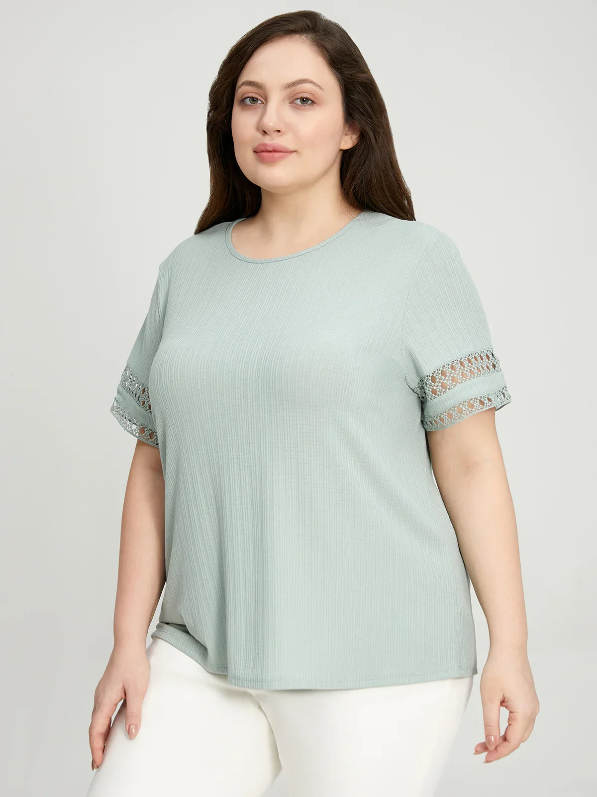 Plus Crewneck Crochet Trim Top