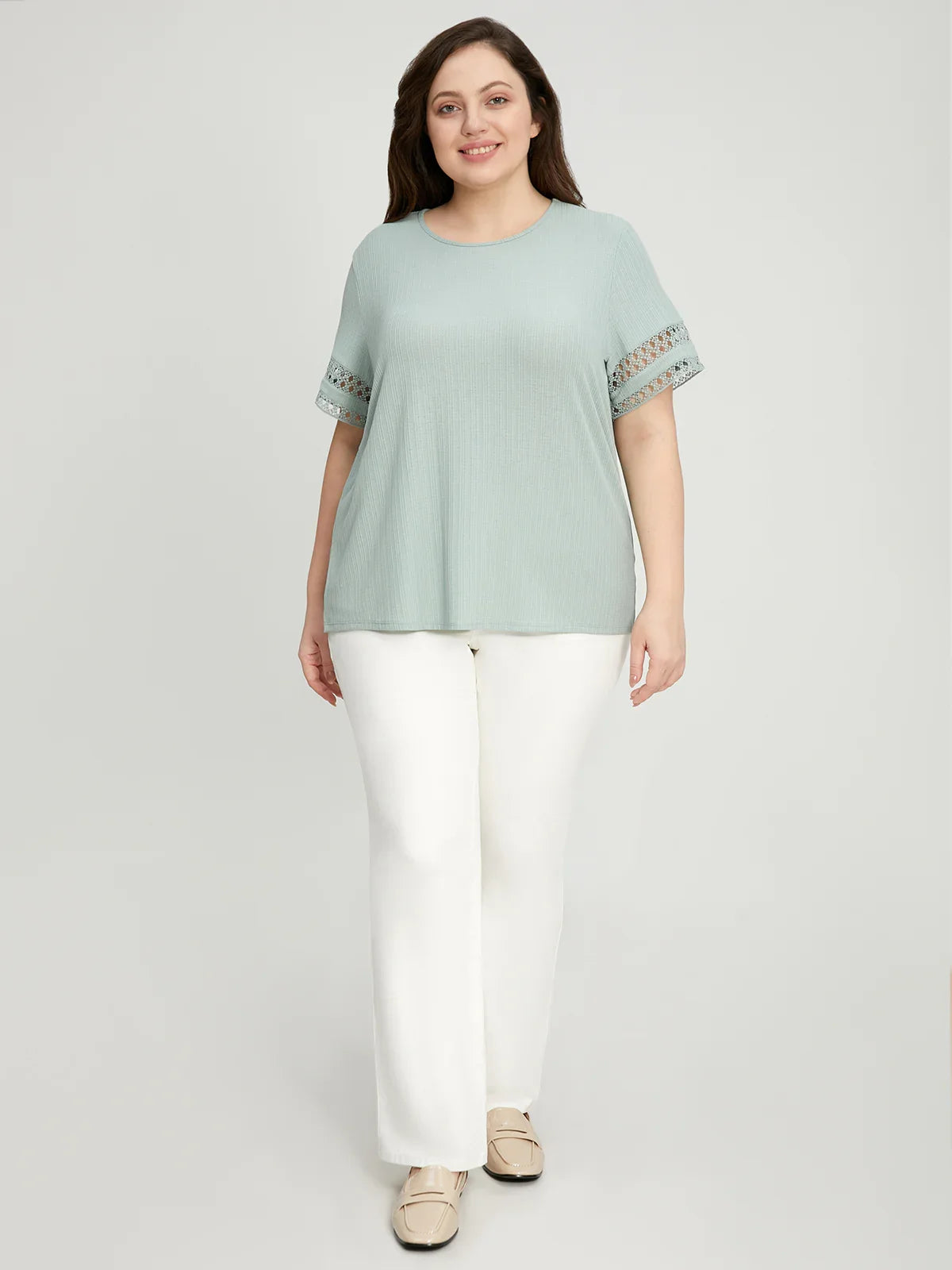 Plus Crewneck Crochet Trim Top