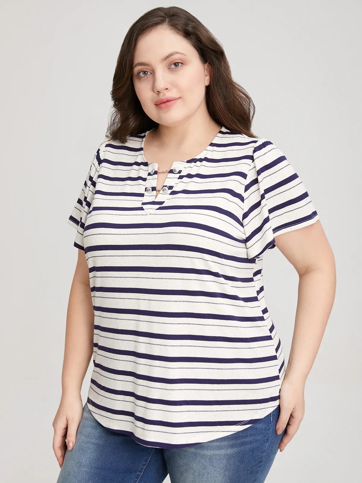 Plus Stripe Split Neck Tee