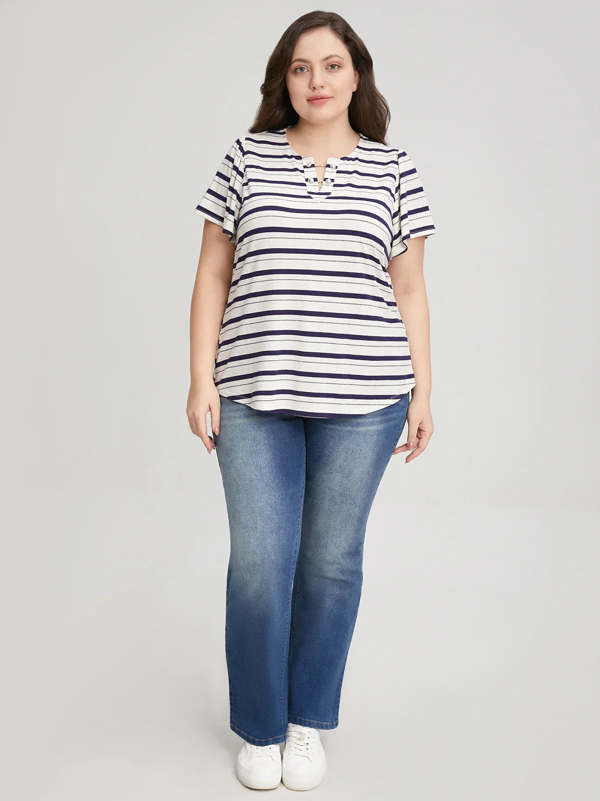Plus Stripe Split Neck Tee