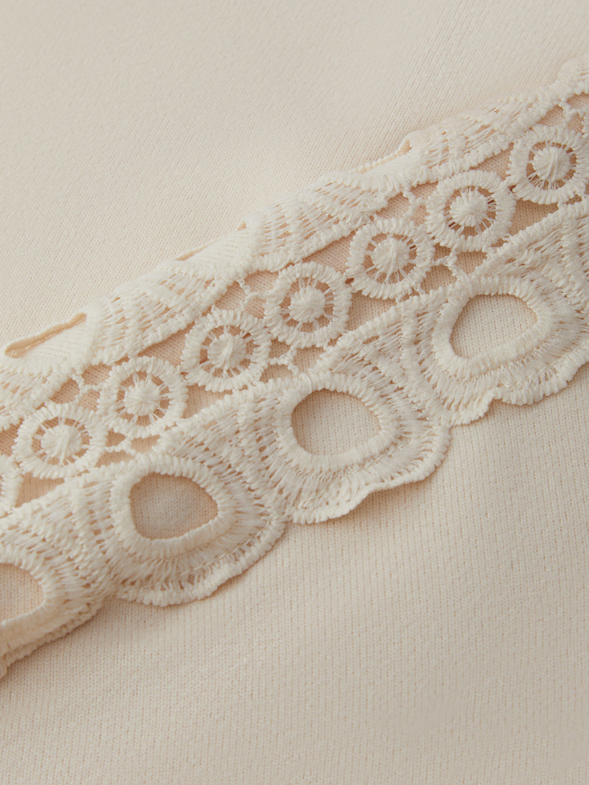 Close-up of lace trim on a beige fabric background