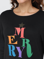 Black top with colorful 'MERRY' text and star design.