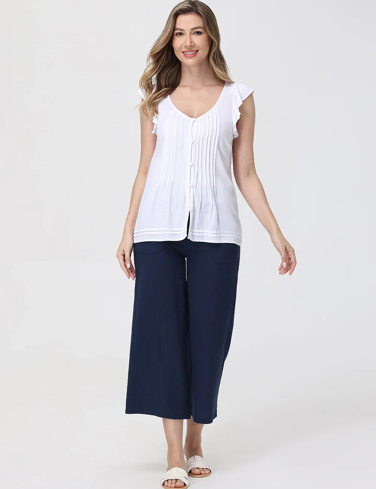 Crop Button Front Drawstring Waist Top