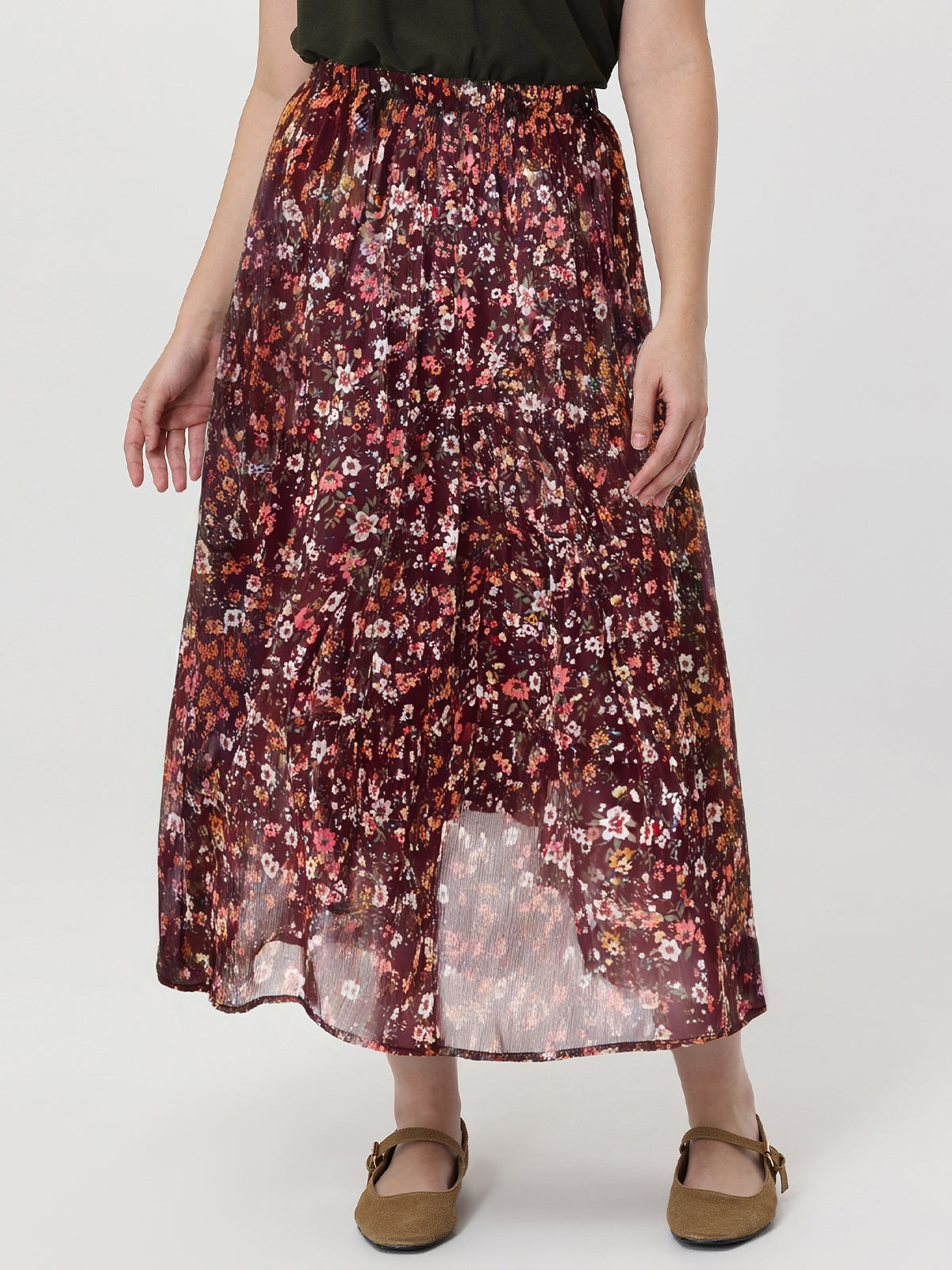 Person wearing a floral skirt on a white background