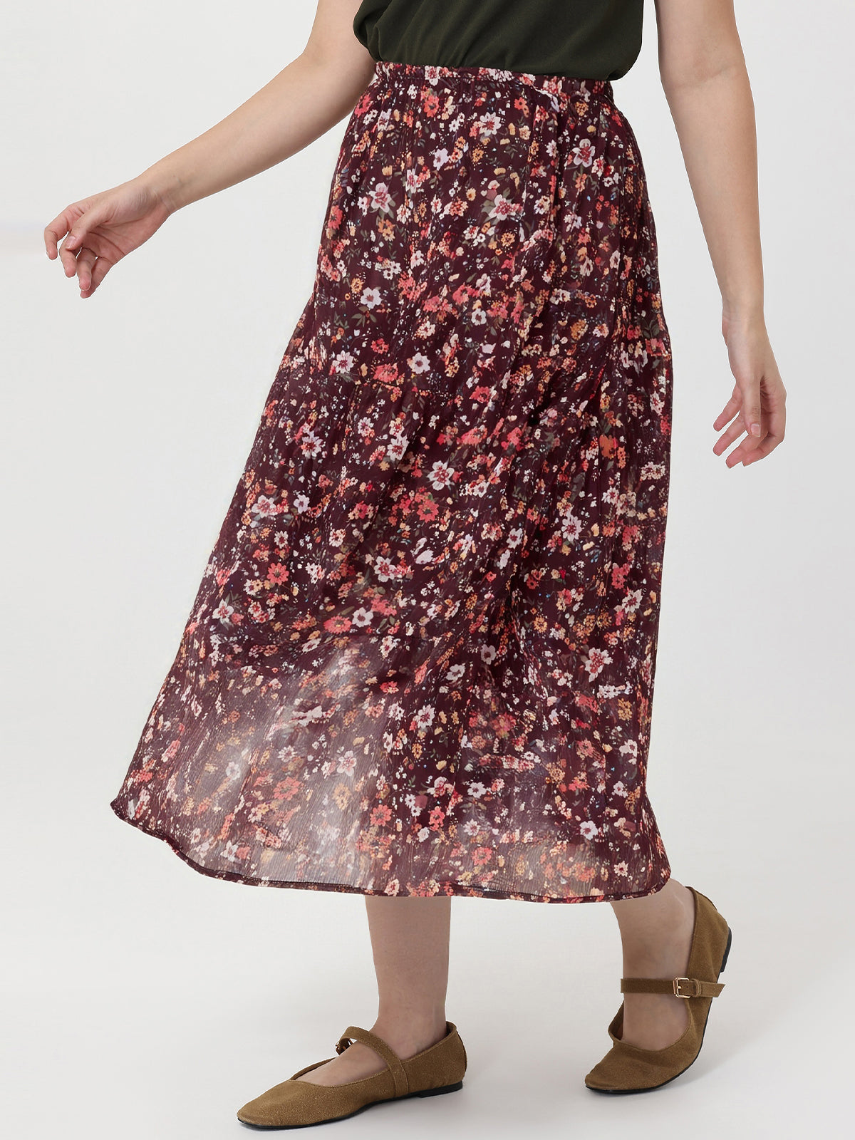 Person wearing a floral skirt on a white background