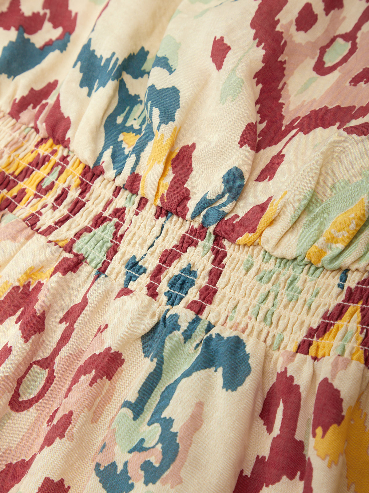 Close-up of a colorful patterned fabric with smocked details.