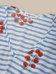 Blue and white striped fabric with red floral patterns and a visible label.