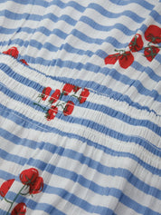 Striped fabric with red floral patterns on a blue and white background