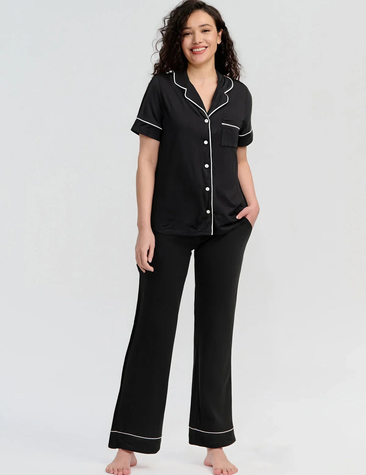 Solid Piped Short Sleeve Pajamas Set