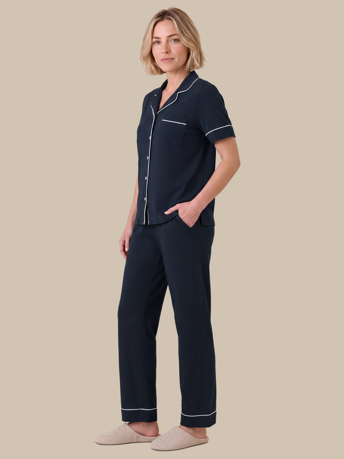 Solid Piped Short Sleeve Pajamas Set