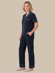 Solid Piped Short Sleeve Pajamas Set