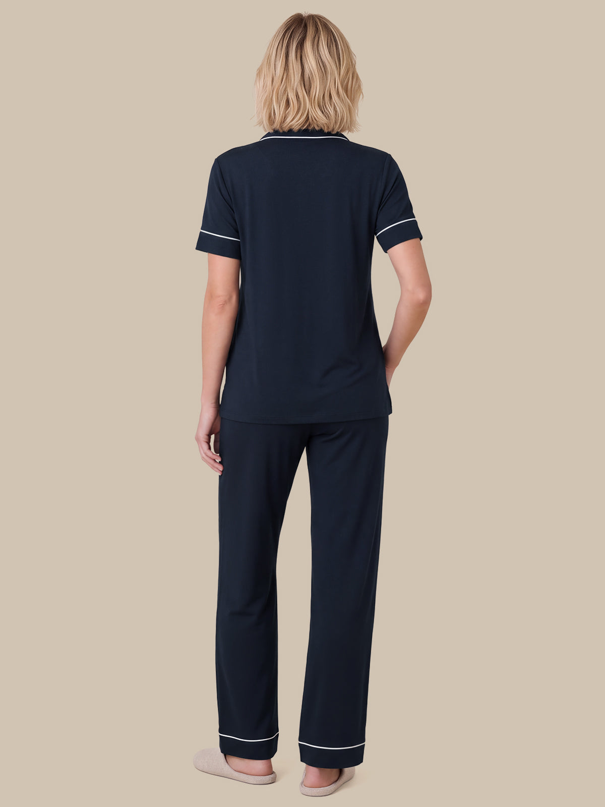 Solid Piped Short Sleeve Pajamas Set