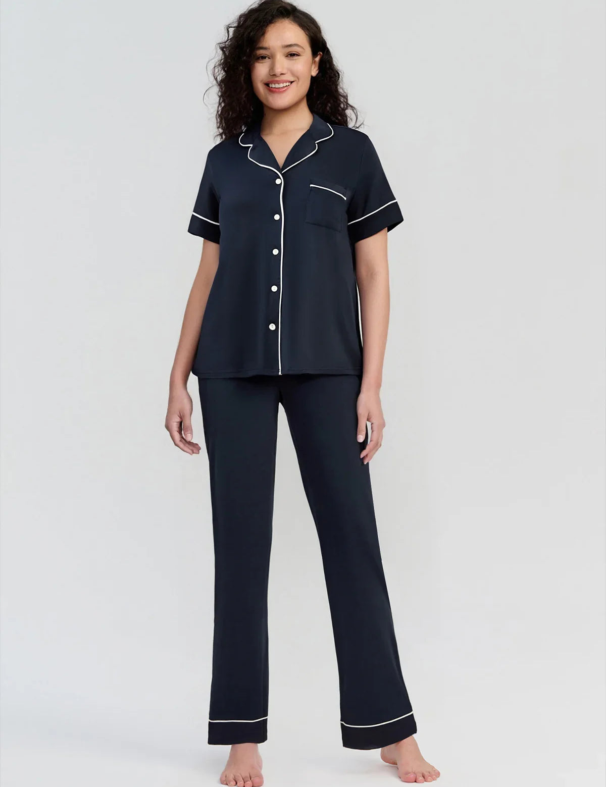 Solid Piped Short Sleeve Pajamas Set
