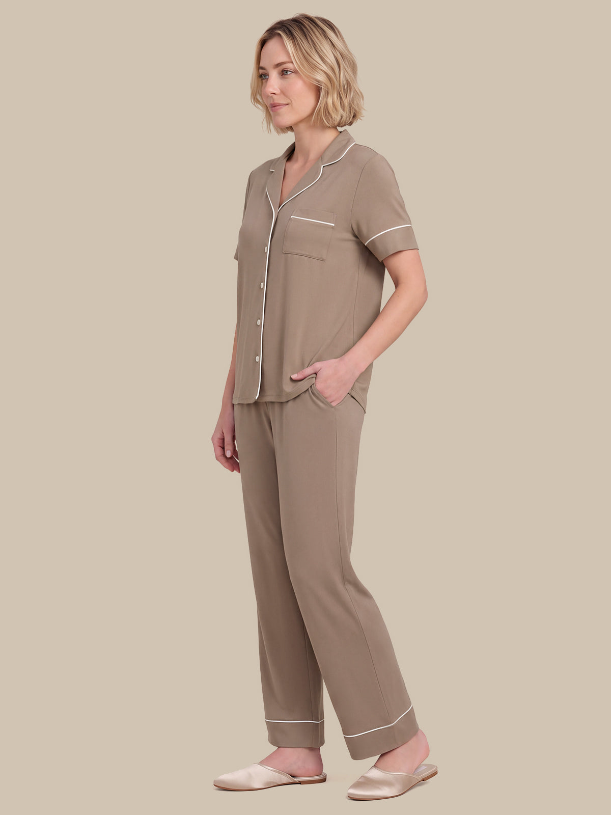 Solid Piped Short Sleeve Pajamas Set