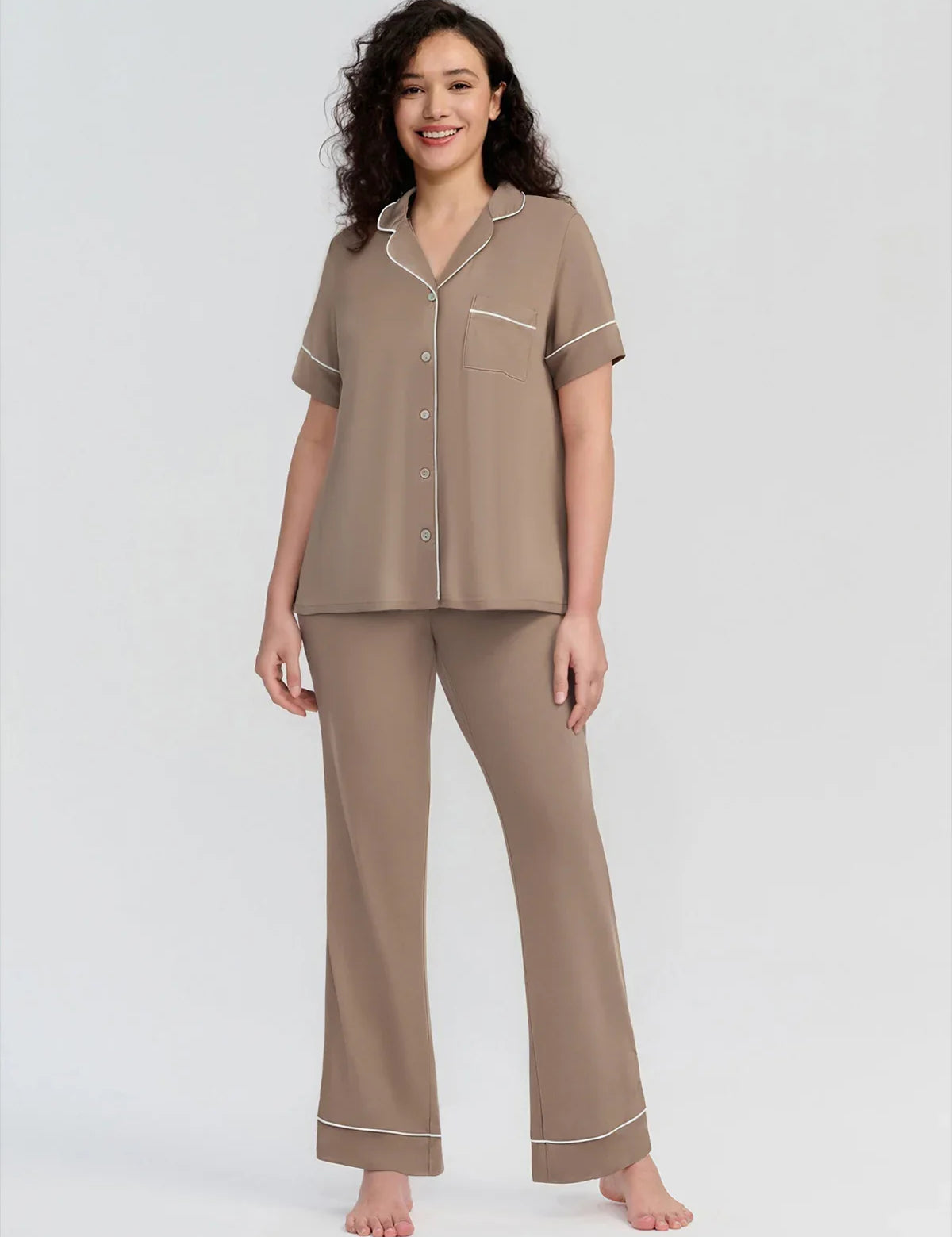 Solid Piped Short Sleeve Pajamas Set