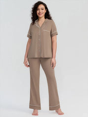 Solid Piped Short Sleeve Pajamas Set