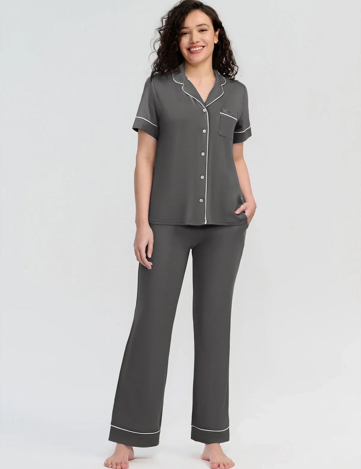 Solid Piped Short Sleeve Pajamas Set