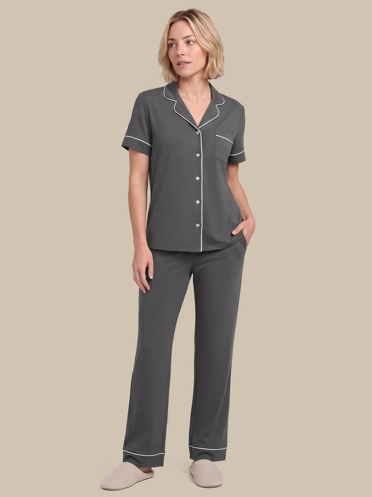 Solid Piped Short Sleeve Pajamas Set