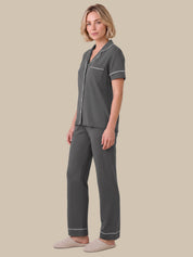 Solid Piped Short Sleeve Pajamas Set