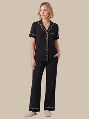 Solid Piped Short Sleeve Pajamas Set