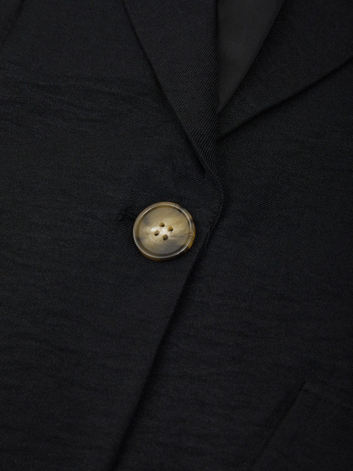 Close-up of a black blazer with a gold button
