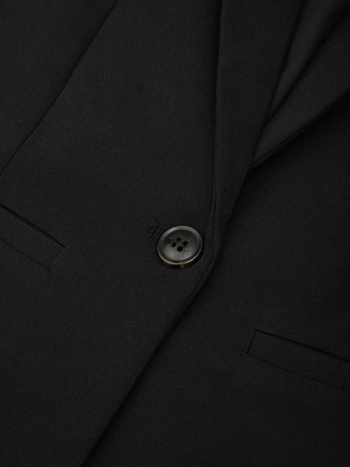 Close-up of a black suit jacket with a button