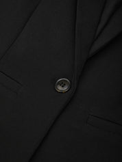 Close-up of a black suit jacket with a button