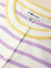 Close-up of a baby cardigan with purple and yellow stripes and a visible brand label.