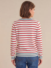 Person wearing a red and white striped long-sleeve shirt with blue jeans on a beige background