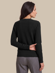 A woman shown from the back wearing a black long-sleeve knit sweater and gray trousers, standing against a solid beige studio background.