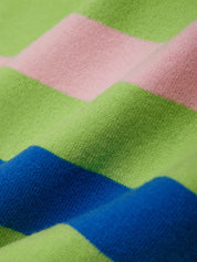 Close-up of fabric with green, pink, and blue stripes.