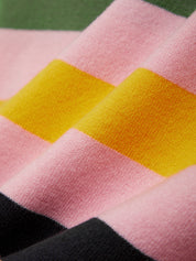 Close-up of a fabric with pink, yellow, and black stripes.