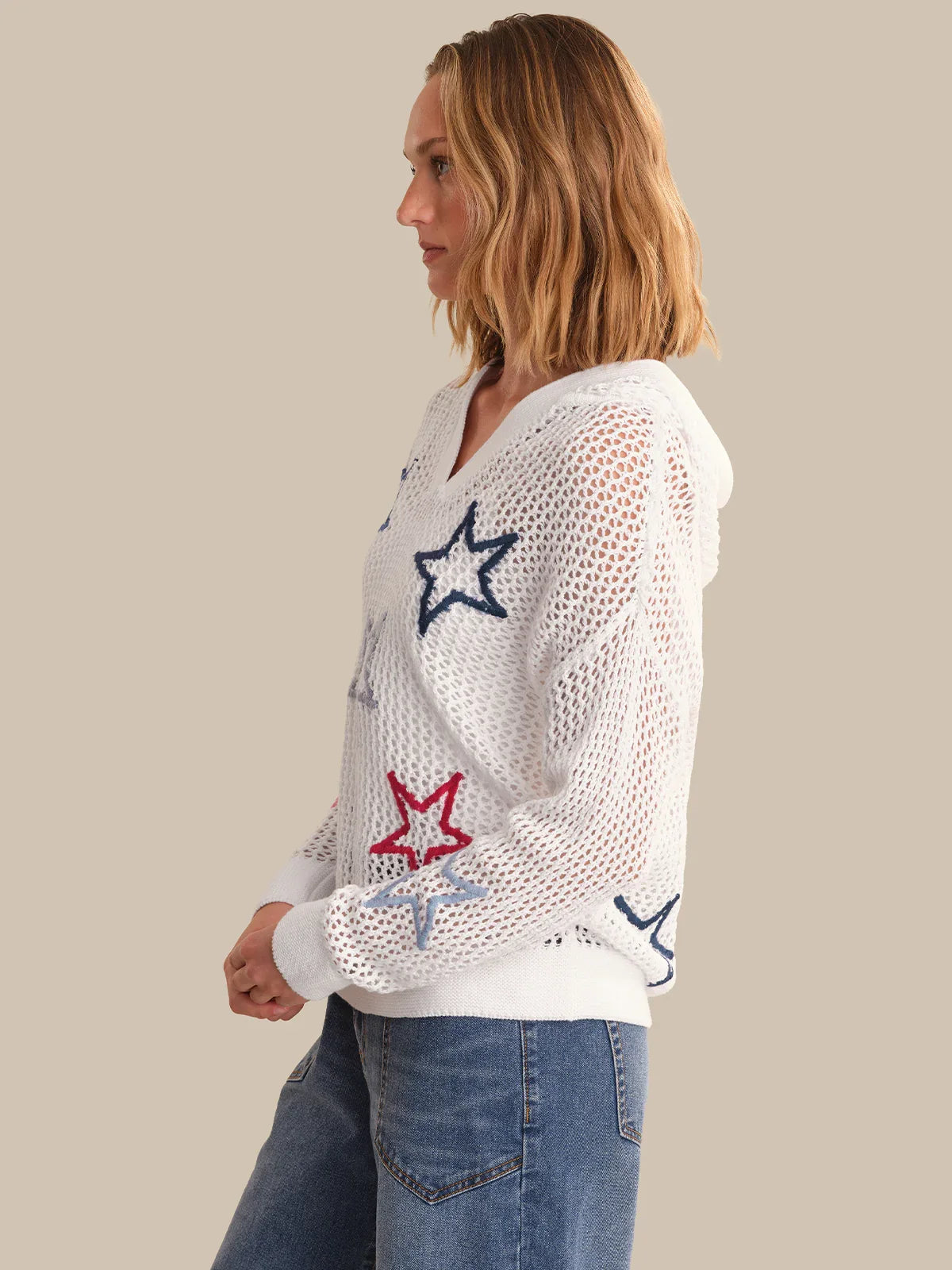 Open Stitch Star Embroidered Knit Sweater