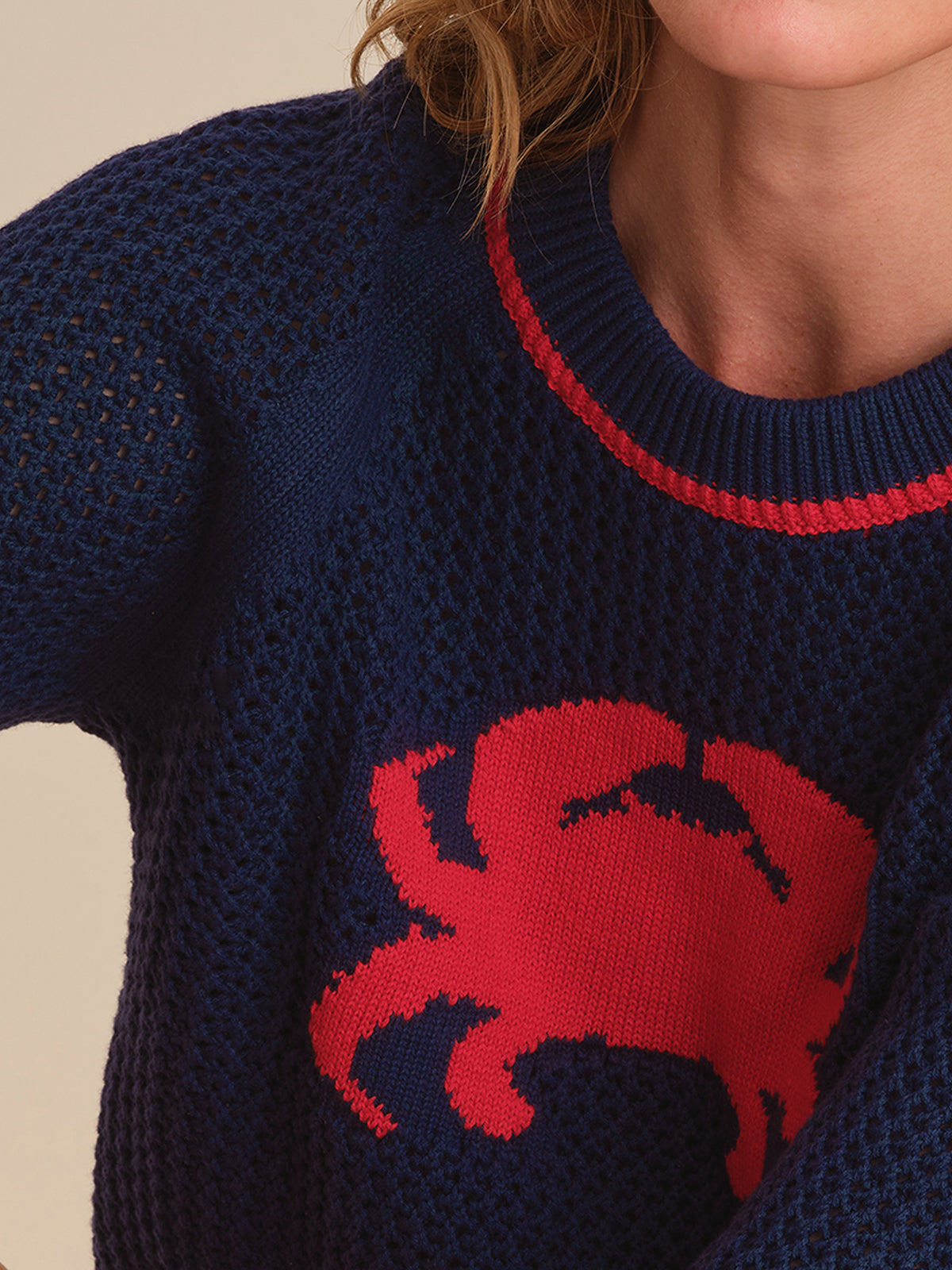 Navy sweater with a red crab design on a neutral background