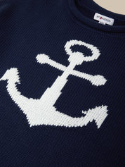 Navy sweater with a large white anchor design on a navy background